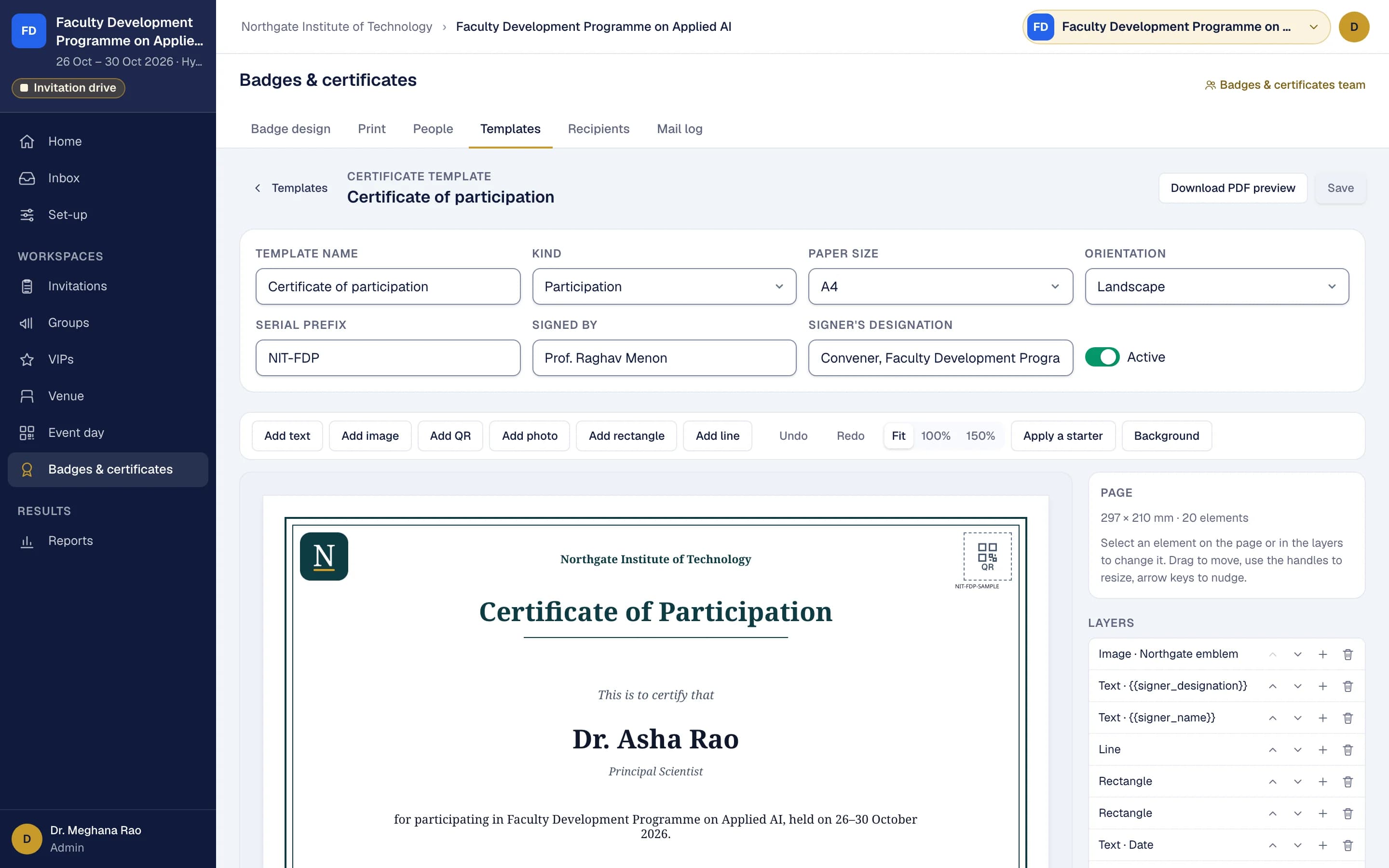 The certificate designer: a certificate of participation laid out on an A4 page, with its layers beside it.