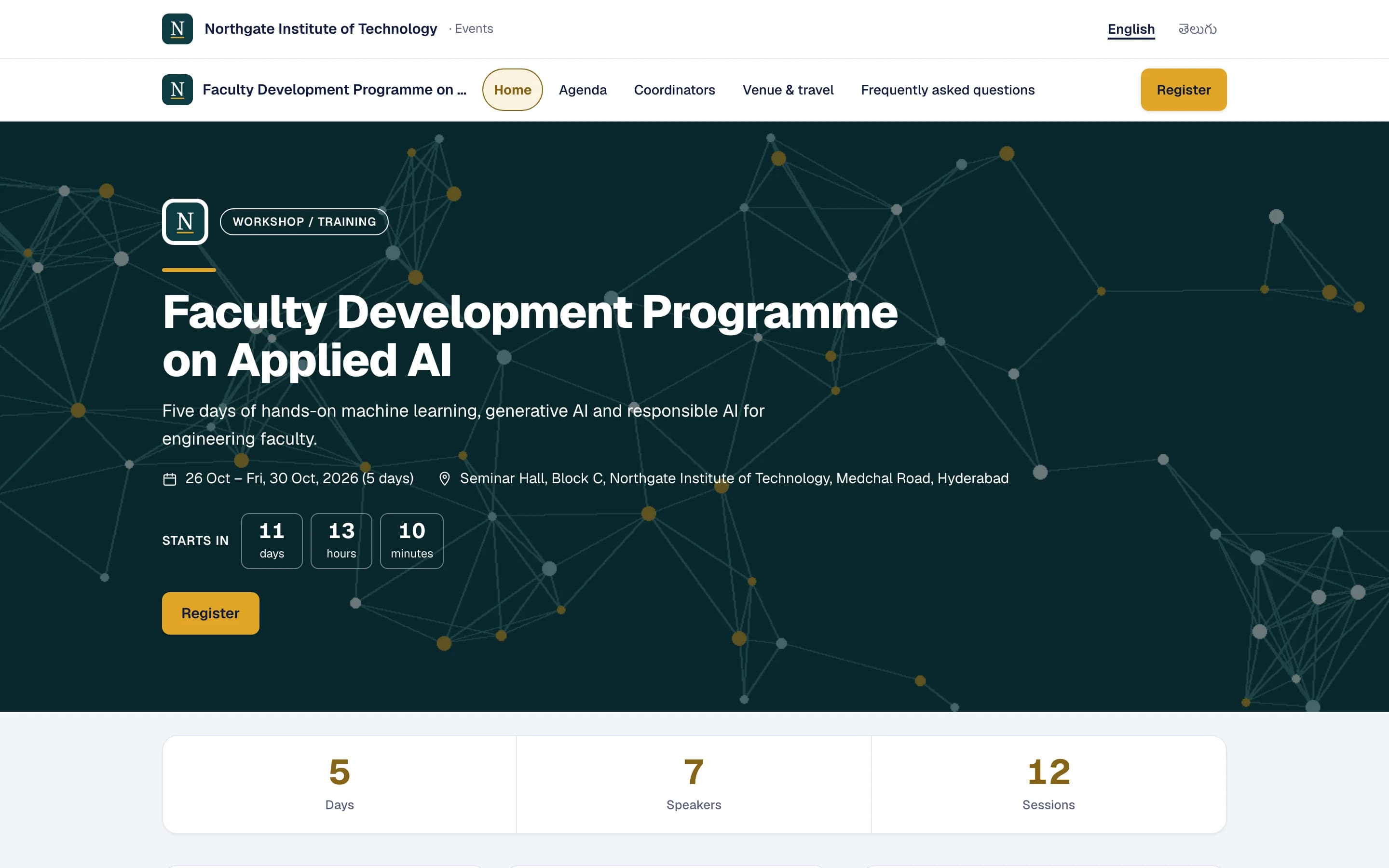 The website of a faculty development programme on applied AI: its menu, dates and venue, a countdown, and the Register button.