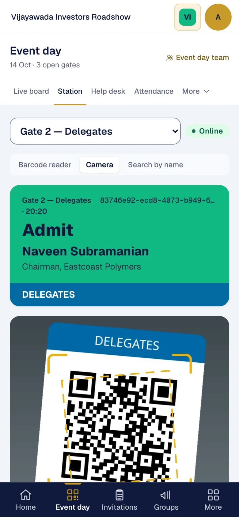 The gate station on a phone: a pass scanned with the camera at a gate and admitted, showing the person's name and zone.