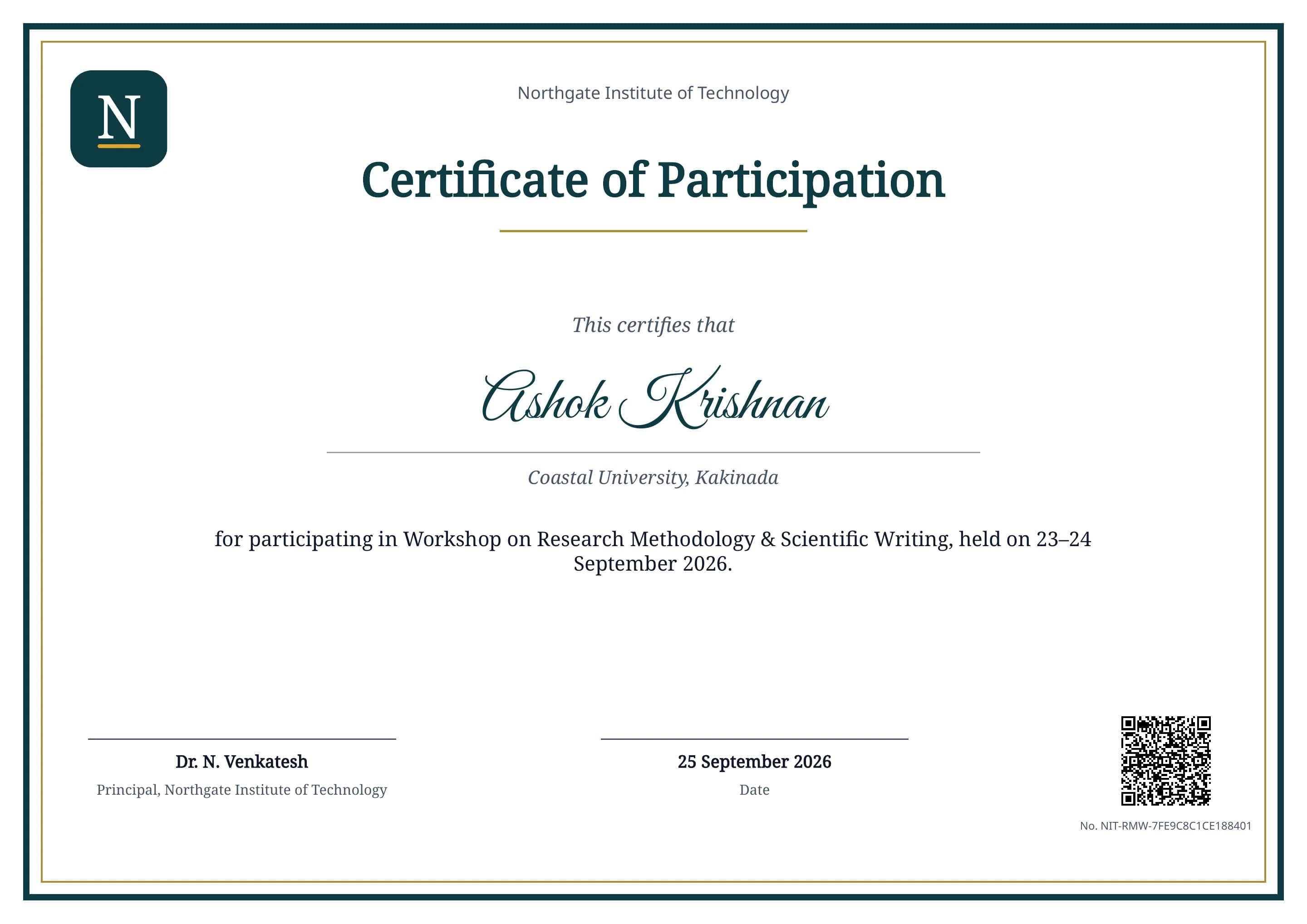 An issued certificate of participation with the principal's name, the date, and a QR code that verifies it.