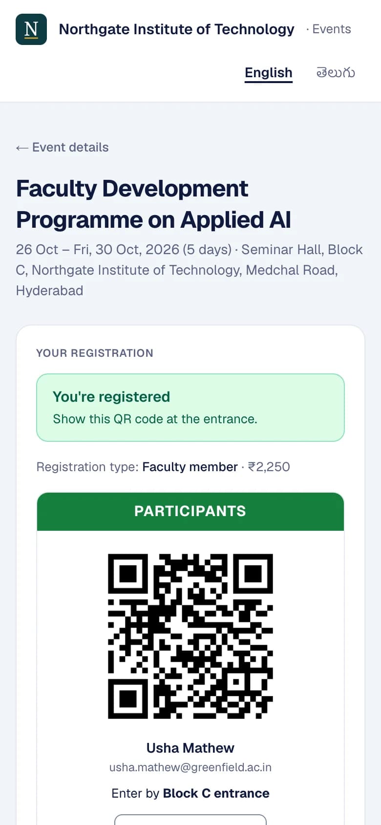 An attendee's private page on a phone: confirmation of their registration and their pass's QR code.